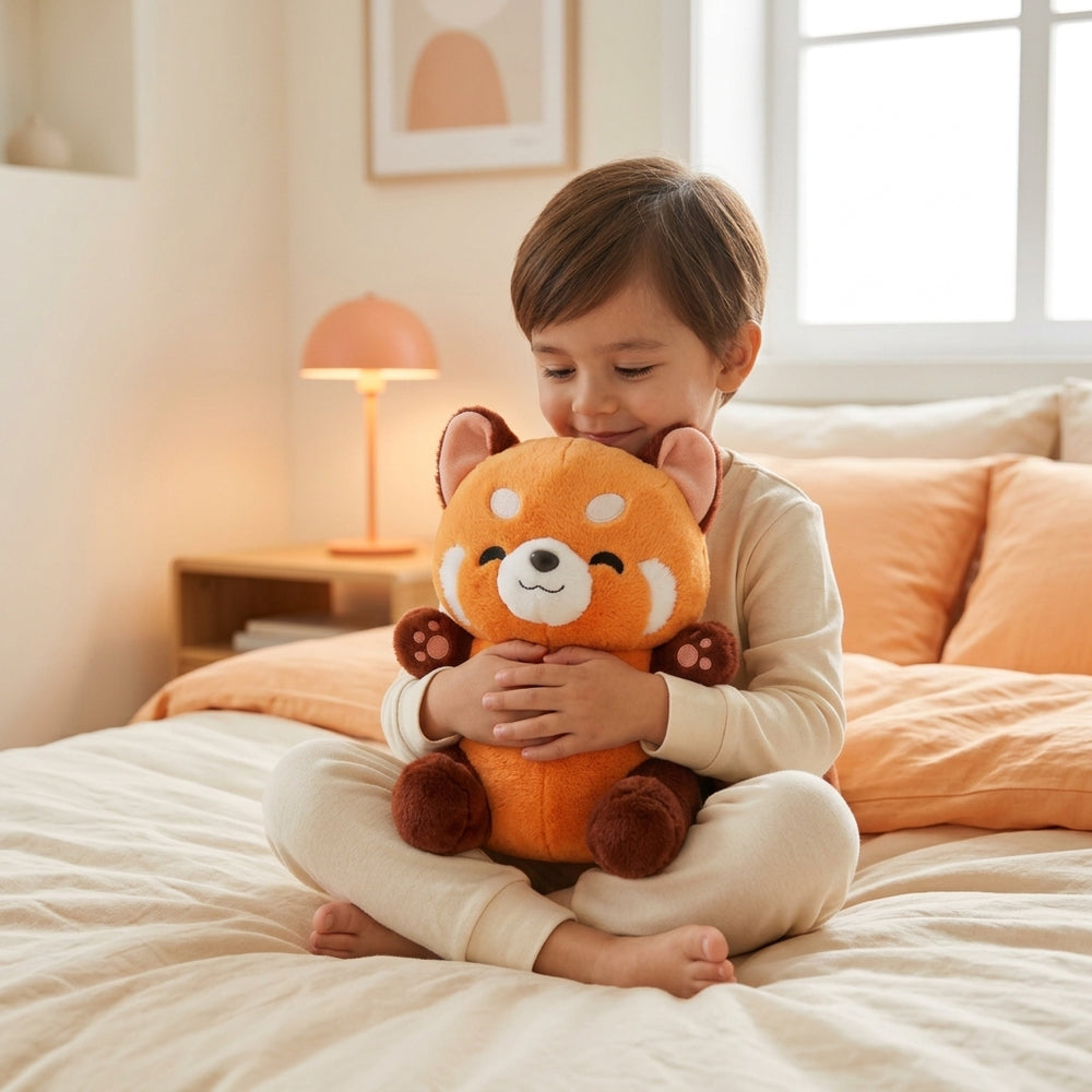 Niño sentado en la cama abrazando un peluche panda rojo