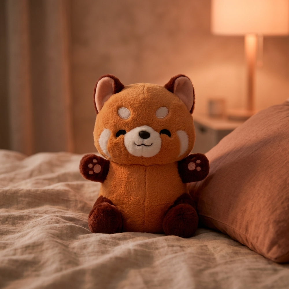 Peluche panda rojo sentado sobre una cama